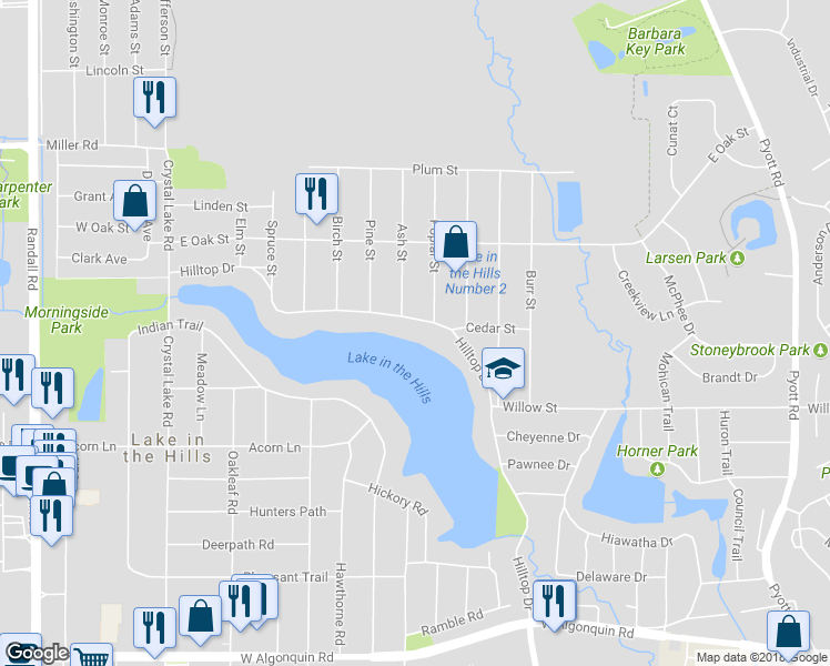map of restaurants, bars, coffee shops, grocery stores, and more near 101 Hilltop Drive in Lake in the Hills
