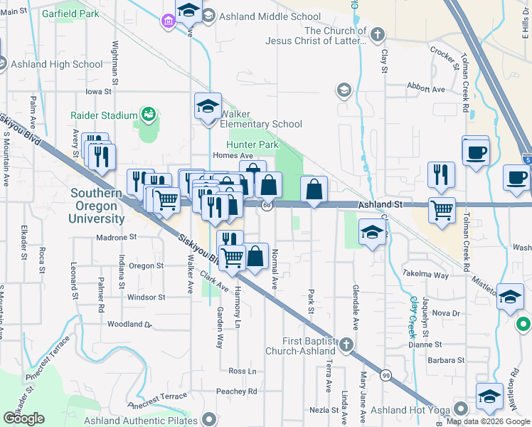 map of restaurants, bars, coffee shops, grocery stores, and more near 583 Normal Avenue in Ashland