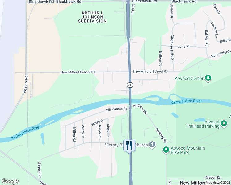 map of restaurants, bars, coffee shops, grocery stores, and more near 2157 Toms Road in Rockford