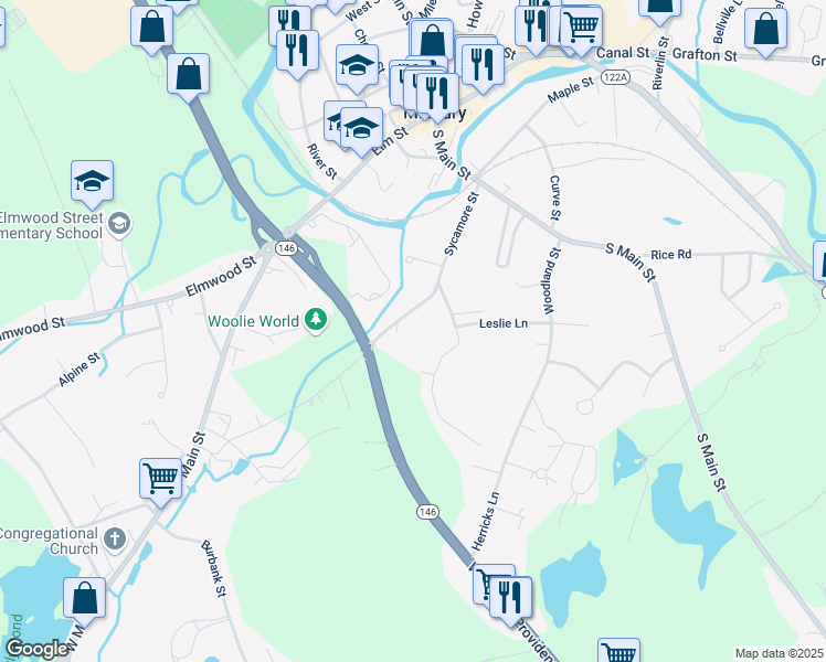 map of restaurants, bars, coffee shops, grocery stores, and more near 49A D Sycamore Street in Millbury