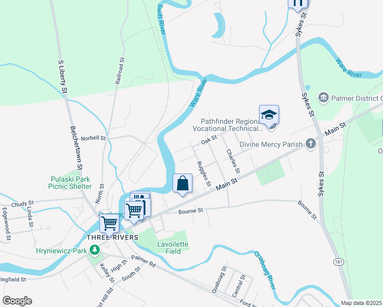 map of restaurants, bars, coffee shops, grocery stores, and more near 50 Ruggles Street in Palmer