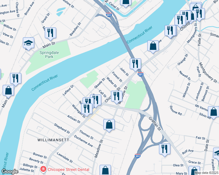 map of restaurants, bars, coffee shops, grocery stores, and more near 19 Bemis Street in Chicopee