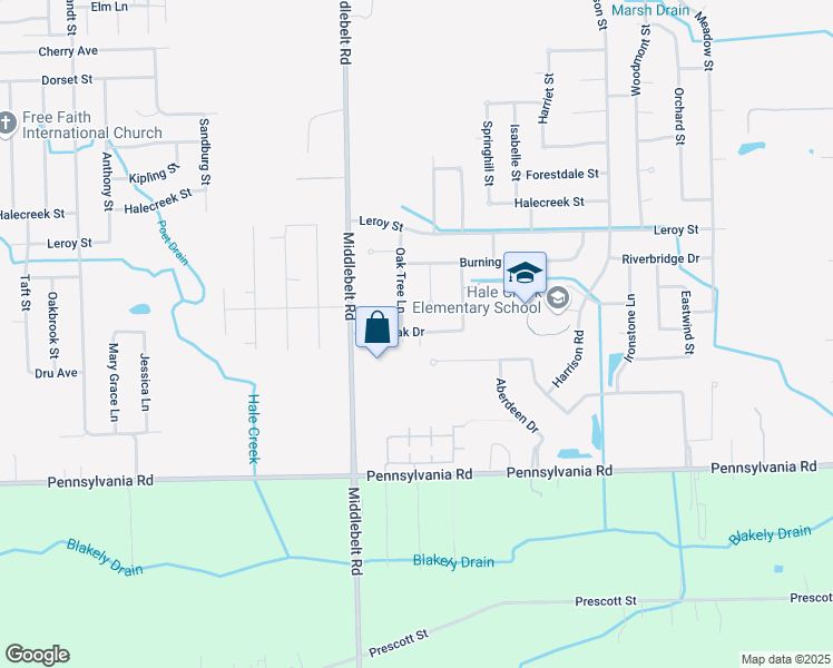 map of restaurants, bars, coffee shops, grocery stores, and more near 16447 Middlebelt Road in Romulus