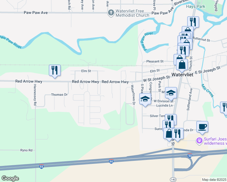 map of restaurants, bars, coffee shops, grocery stores, and more near 7746 Red Arrow Highway in Watervliet