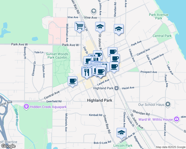 map of restaurants, bars, coffee shops, grocery stores, and more near 1774 2nd Street in Highland Park