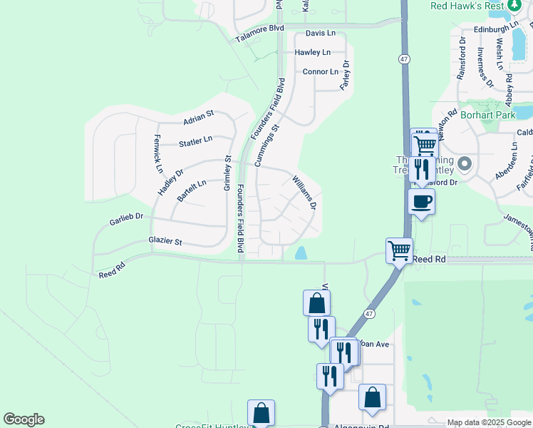 map of restaurants, bars, coffee shops, grocery stores, and more near 9950 Cummings Street in Huntley