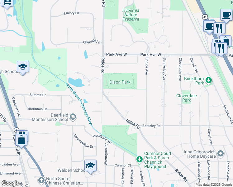 map of restaurants, bars, coffee shops, grocery stores, and more near 2053 Partridge Lane in Highland Park