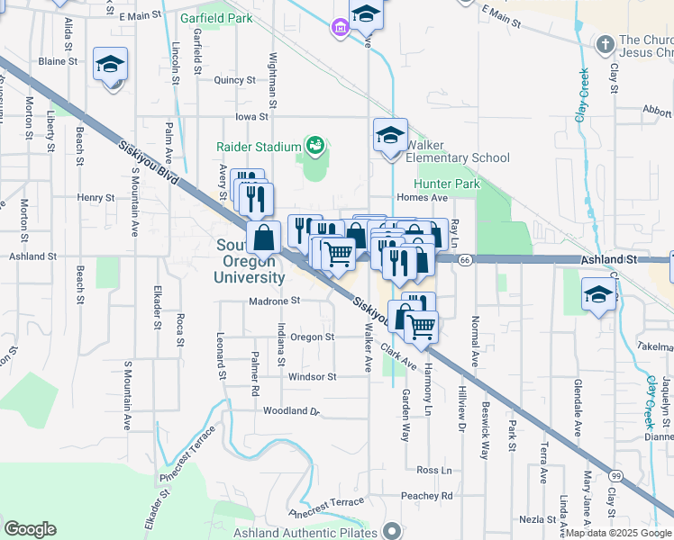 map of restaurants, bars, coffee shops, grocery stores, and more near 1475 Siskiyou Boulevard in Ashland