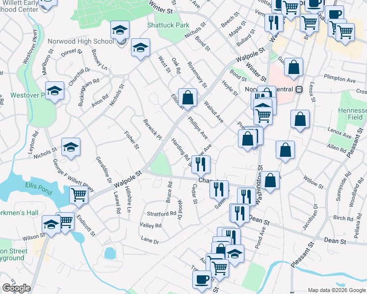 map of restaurants, bars, coffee shops, grocery stores, and more near 50 Harding Road in Norwood