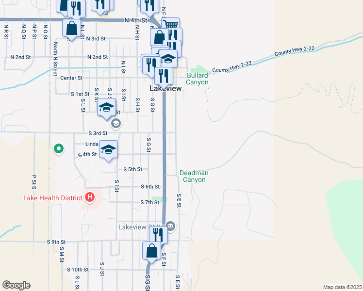 map of restaurants, bars, coffee shops, grocery stores, and more near 398 S E St in Lakeview