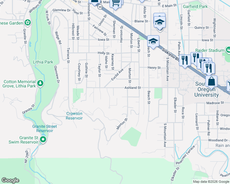 map of restaurants, bars, coffee shops, grocery stores, and more near 683 Forest Street in Ashland