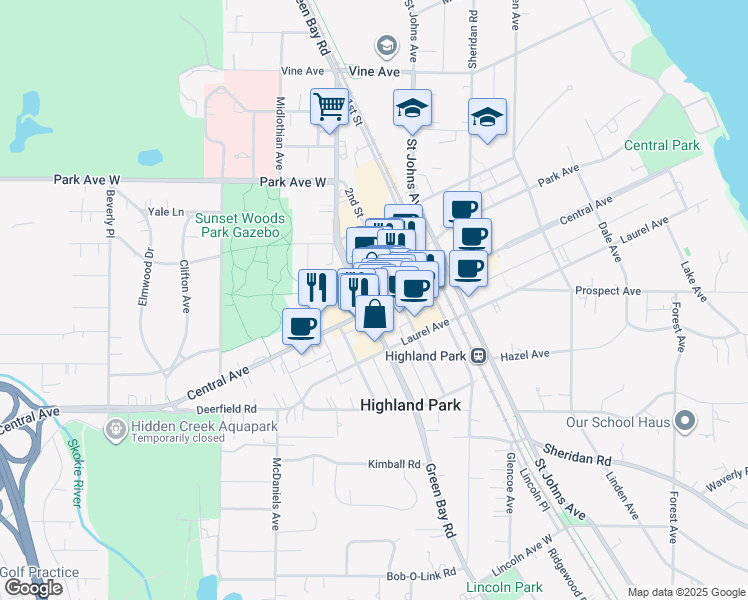 map of restaurants, bars, coffee shops, grocery stores, and more near 696 Central Avenue in Highland Park