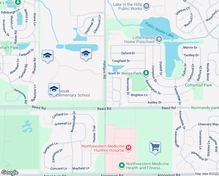 map of restaurants, bars, coffee shops, grocery stores, and more near 9955 Thornton Way in Huntley