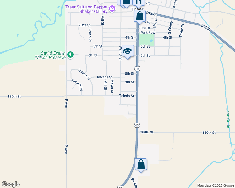 map of restaurants, bars, coffee shops, grocery stores, and more near 1001-1099 Walnut Street in Traer