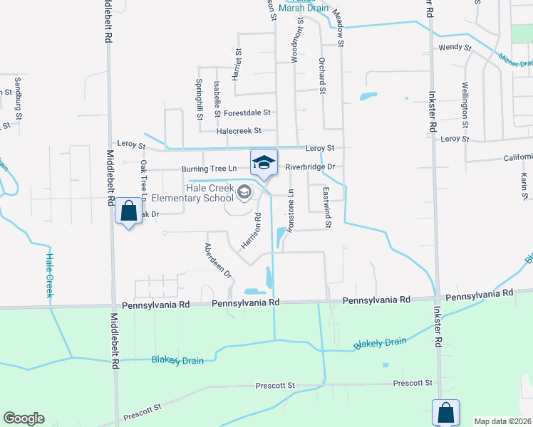 map of restaurants, bars, coffee shops, grocery stores, and more near 16325 Harrison Road in Romulus