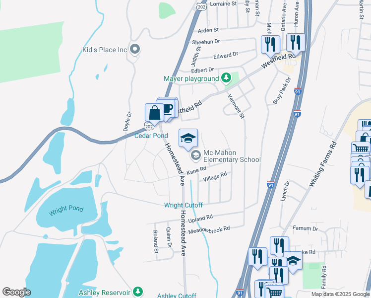 map of restaurants, bars, coffee shops, grocery stores, and more near 75 Kane Road in Holyoke