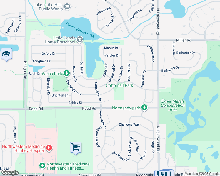 map of restaurants, bars, coffee shops, grocery stores, and more near 9924 Bedford Drive in Huntley