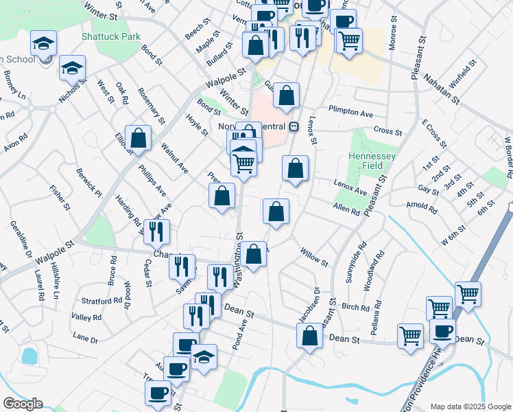 map of restaurants, bars, coffee shops, grocery stores, and more near 928 Washington Street in Norwood