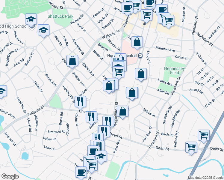 map of restaurants, bars, coffee shops, grocery stores, and more near 23 Walnut Avenue in Norwood