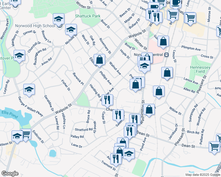 map of restaurants, bars, coffee shops, grocery stores, and more near 158 Winslow Avenue in Norwood