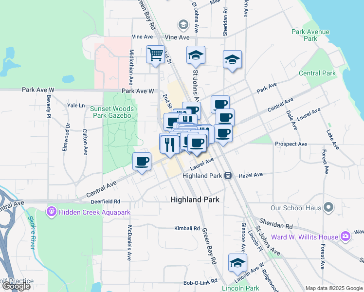 map of restaurants, bars, coffee shops, grocery stores, and more near 1774 2nd Street in Highland Park