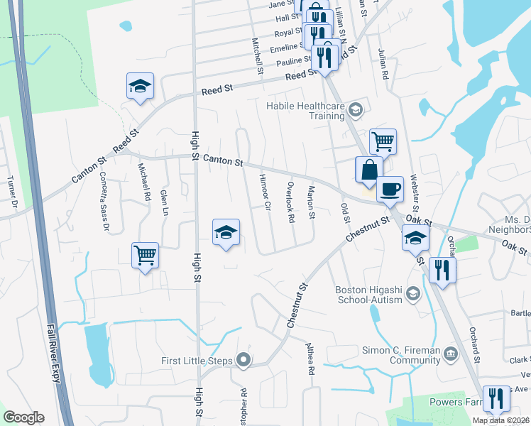 map of restaurants, bars, coffee shops, grocery stores, and more near 21 Himoor Circle in Randolph