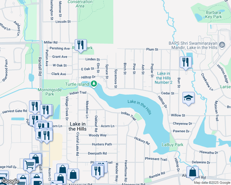 map of restaurants, bars, coffee shops, grocery stores, and more near 135 Hilltop Drive in Lake in the Hills