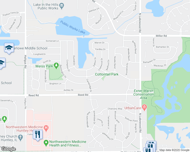 map of restaurants, bars, coffee shops, grocery stores, and more near 9932 Chetwood Drive in Huntley