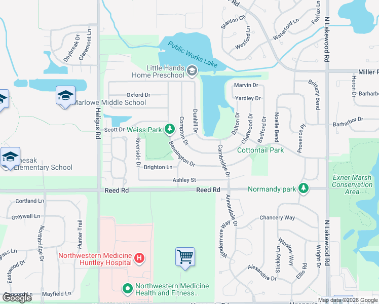 map of restaurants, bars, coffee shops, grocery stores, and more near 10156 Bennington Drive in Huntley