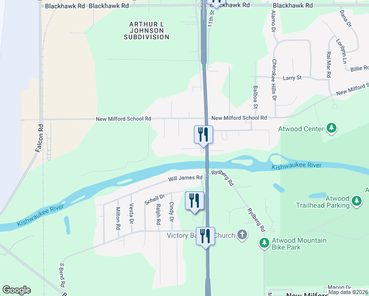 map of restaurants, bars, coffee shops, grocery stores, and more near 2157 Toms Road in Rockford