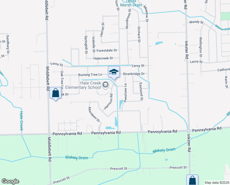 map of restaurants, bars, coffee shops, grocery stores, and more near 16325 Harrison Road in Romulus