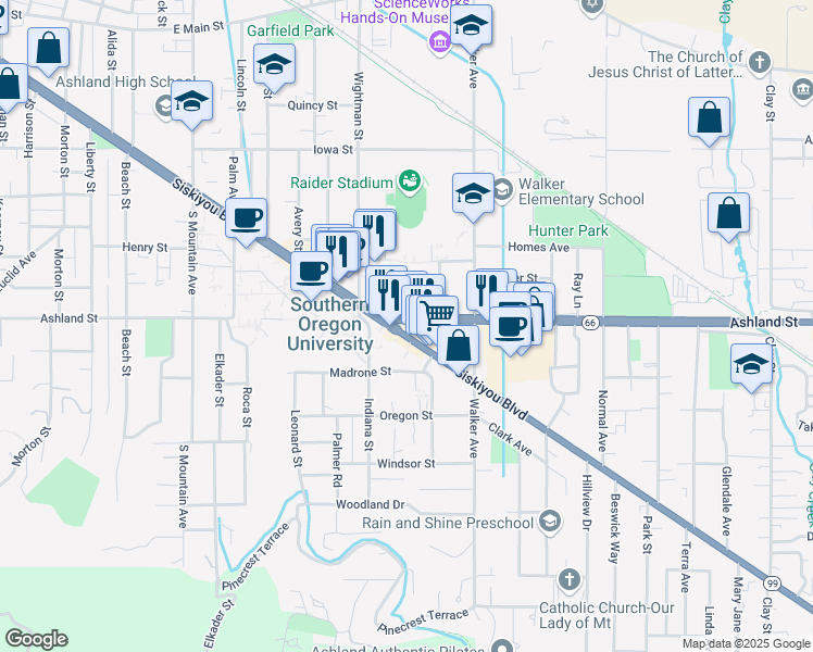 map of restaurants, bars, coffee shops, grocery stores, and more near 1401 Siskiyou Boulevard in Ashland