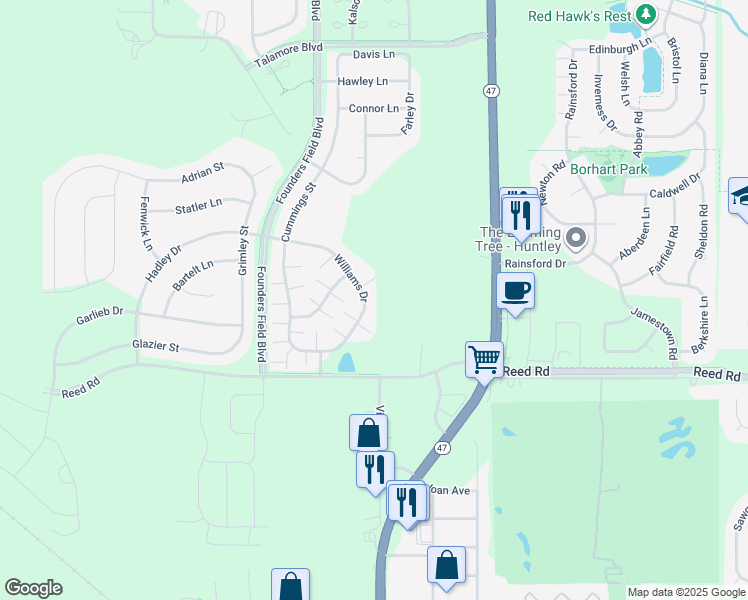 map of restaurants, bars, coffee shops, grocery stores, and more near 9862 Williams Drive in Huntley