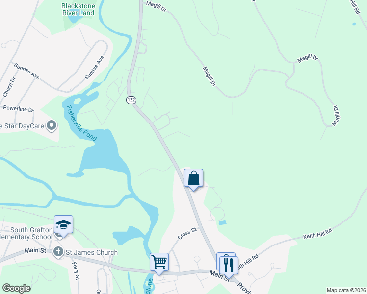 map of restaurants, bars, coffee shops, grocery stores, and more near 207 Providence Road in Grafton