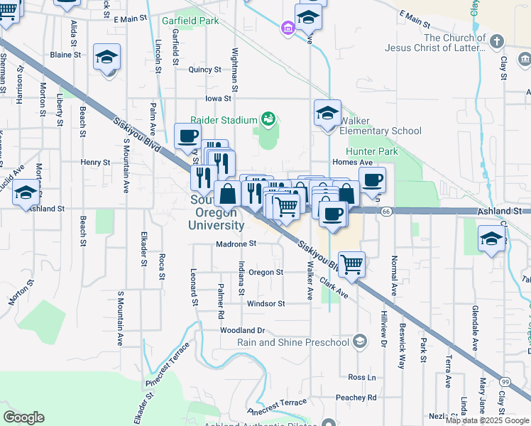 map of restaurants, bars, coffee shops, grocery stores, and more near 1401 Siskiyou Boulevard in Ashland