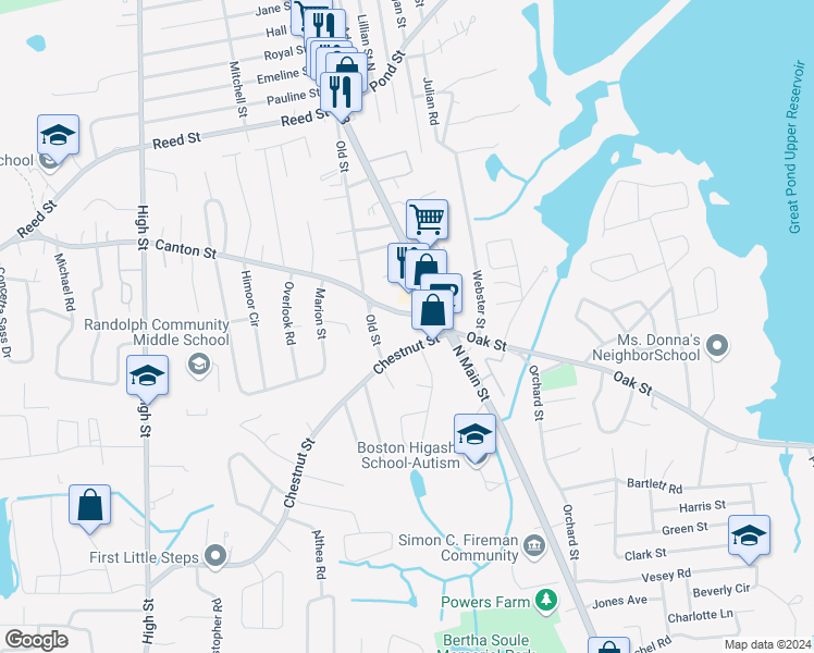 map of restaurants, bars, coffee shops, grocery stores, and more near 892 North Main Street in Randolph