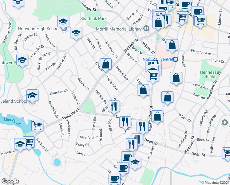 map of restaurants, bars, coffee shops, grocery stores, and more near 44 Phillips Avenue in Norwood