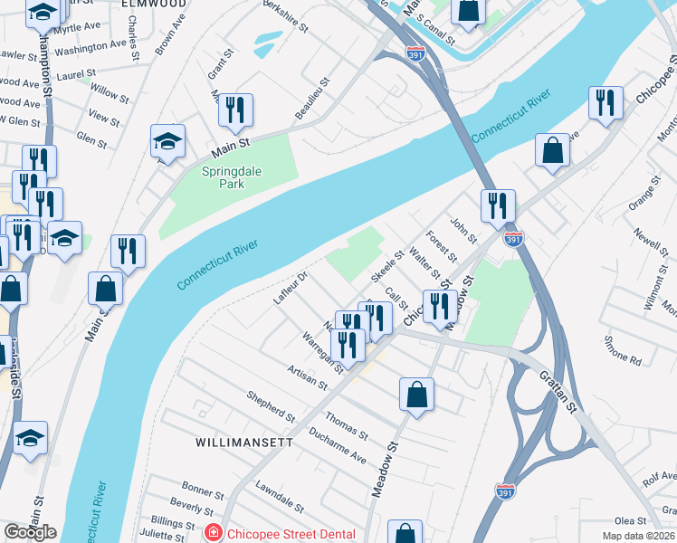 map of restaurants, bars, coffee shops, grocery stores, and more near 186 Ferry Street in Chicopee