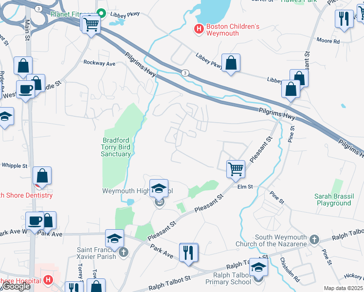 map of restaurants, bars, coffee shops, grocery stores, and more near 154 Burkhall Street in Weymouth