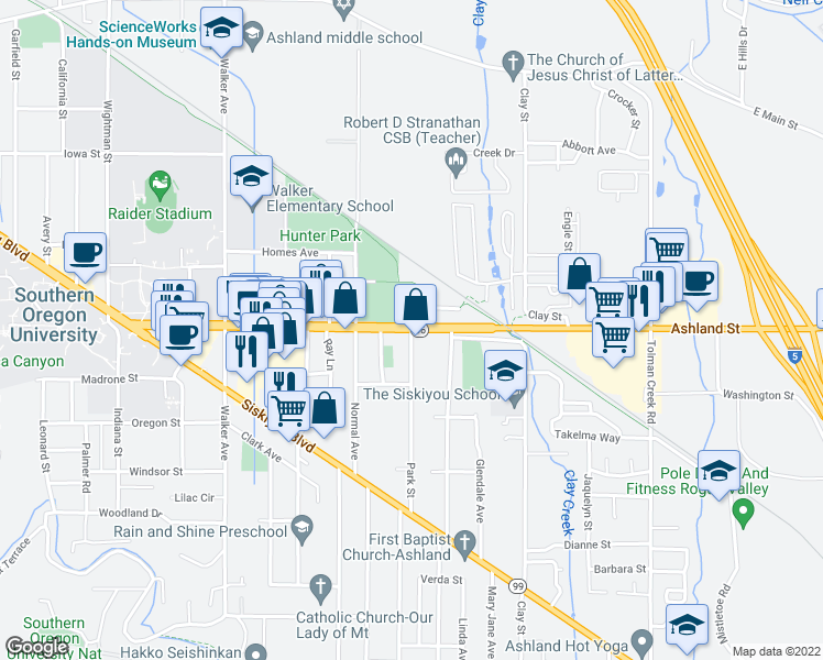 map of restaurants, bars, coffee shops, grocery stores, and more near Ashland St & Park St in Ashland