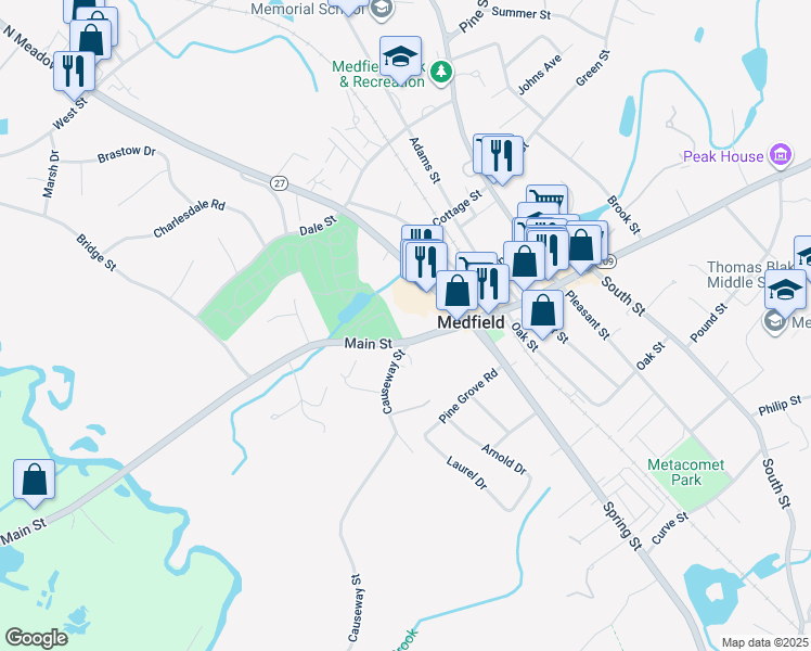 map of restaurants, bars, coffee shops, grocery stores, and more near 609 Main Street in Medfield