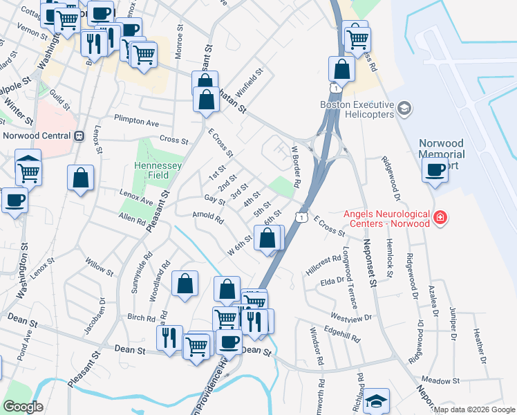 map of restaurants, bars, coffee shops, grocery stores, and more near 12 4th Street in Norwood