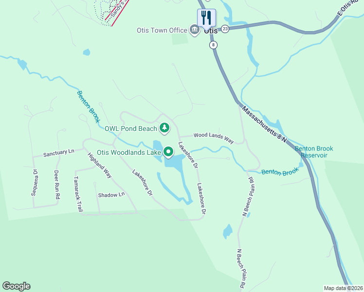 map of restaurants, bars, coffee shops, grocery stores, and more near 307 Lakeshore Dr in Otis