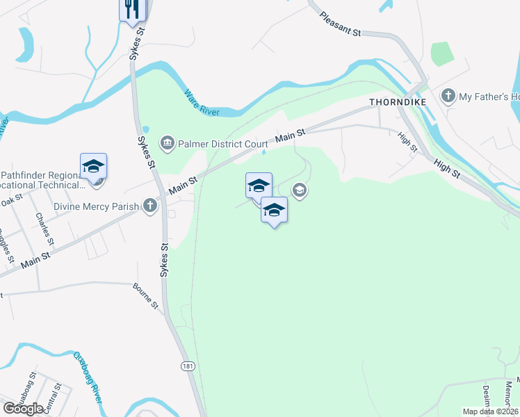 map of restaurants, bars, coffee shops, grocery stores, and more near 4107 Main Street in Palmer