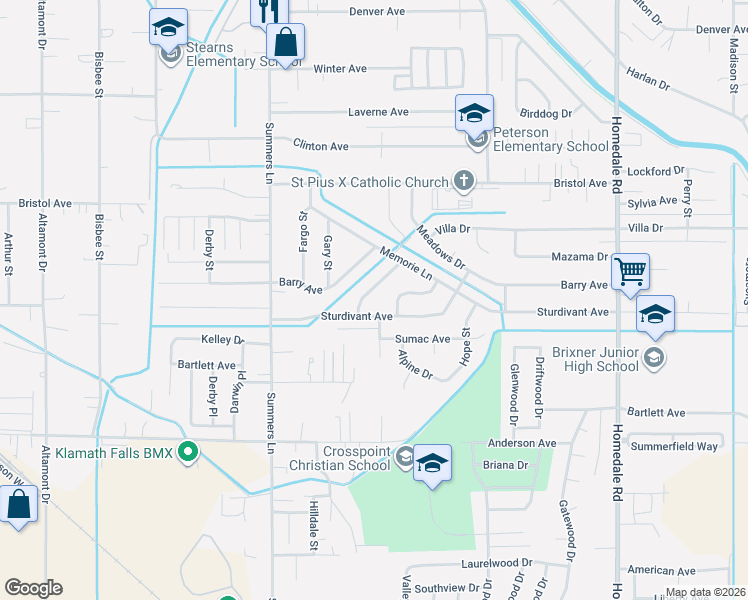 map of restaurants, bars, coffee shops, grocery stores, and more near 4231 Myrtlewood Drive in Klamath Falls