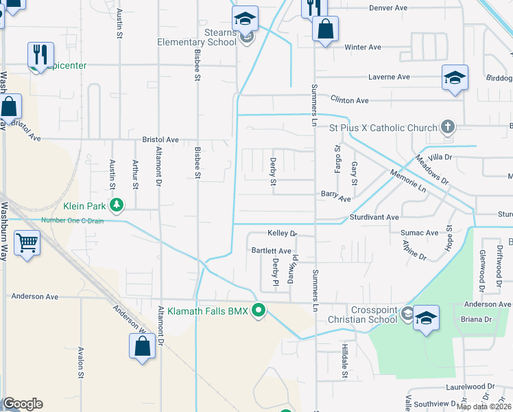 map of restaurants, bars, coffee shops, grocery stores, and more near 3862 Barry Avenue in Klamath Falls