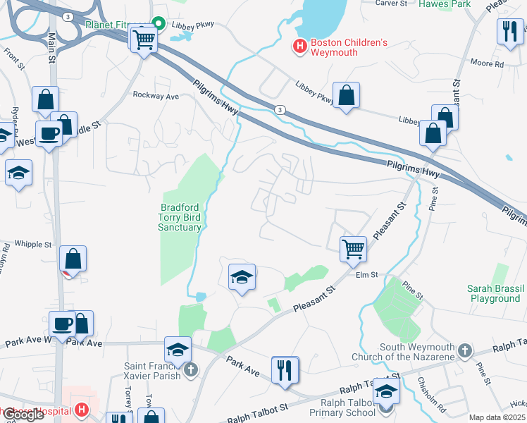 map of restaurants, bars, coffee shops, grocery stores, and more near 154 Burkhall Street in Weymouth
