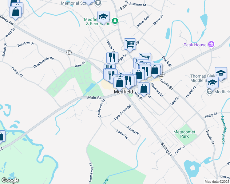 map of restaurants, bars, coffee shops, grocery stores, and more near 8c North Meadows Road in Medfield