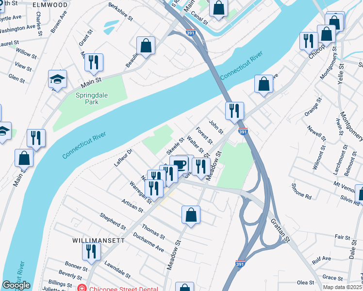map of restaurants, bars, coffee shops, grocery stores, and more near 142 Skeele Street in Chicopee