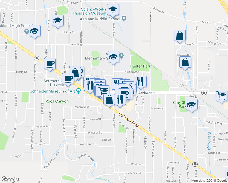map of restaurants, bars, coffee shops, grocery stores, and more near 1601 Ashland Street in Ashland